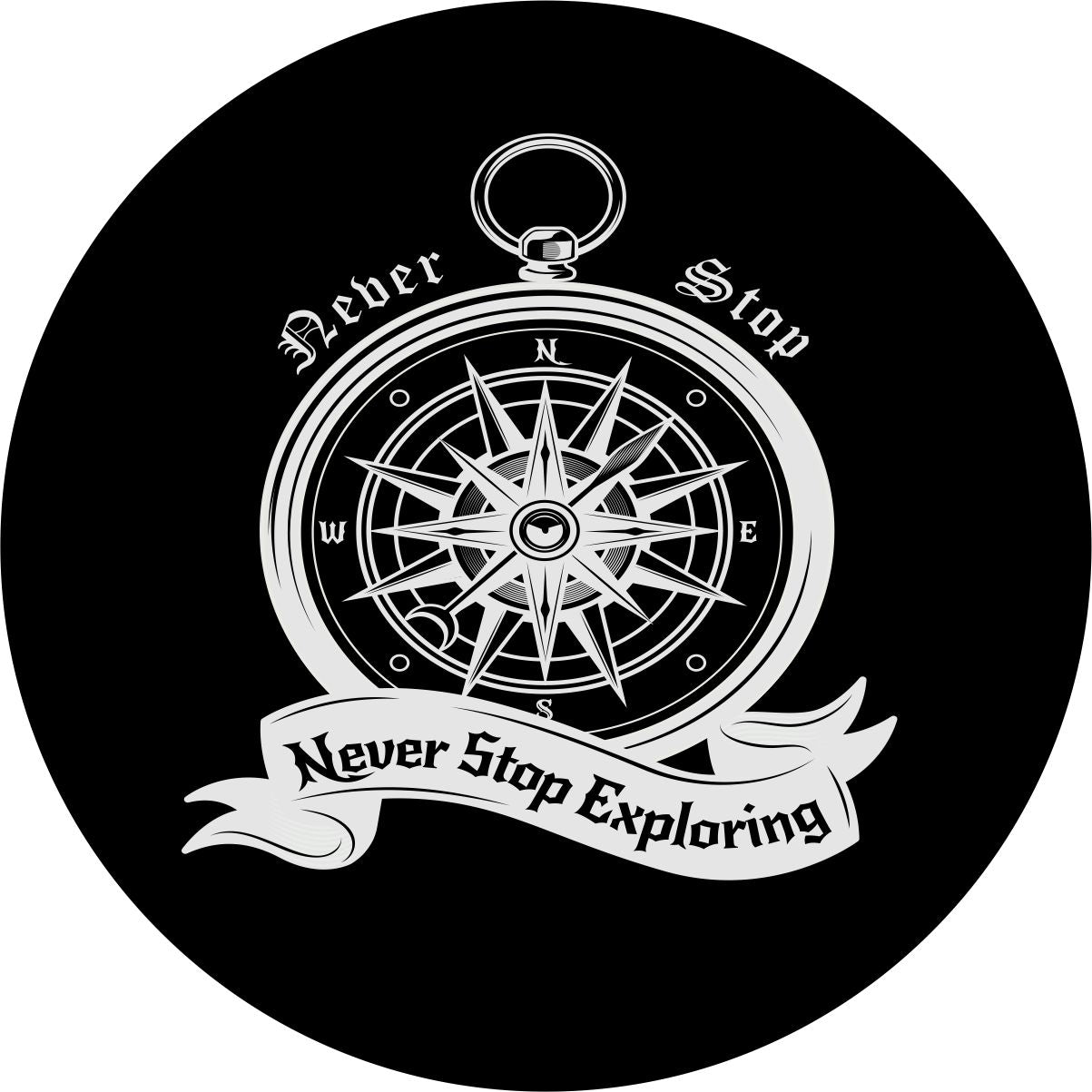 Vintage compass spare tire cover design and the saying never stop exploring. Graphic design creative spare tire cover.