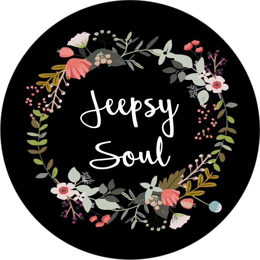 Floral wreath around Jeepsy soul spare tire cover design for Jeep