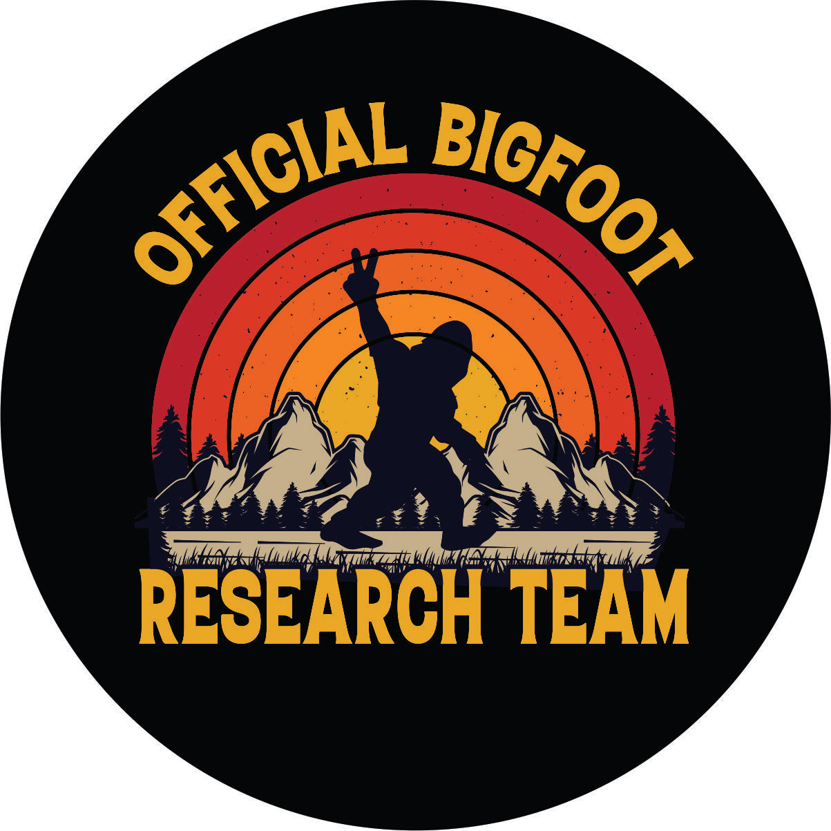 Sasquatch spare tire cover for Bronco, Jeep, RV, camper, and more with Bigfoot throwing out the peace sign as he walks along with mountains in the back and an ombre colored sunset. With the words, "official bigfoot research team"