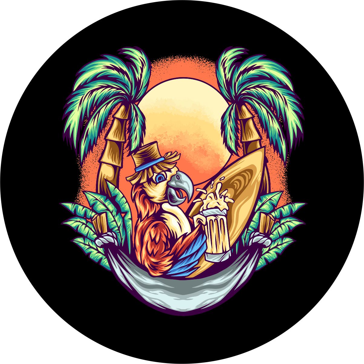 Spare tire cover of a parrot in a hammock drinking a beer, sitting next to his surfboard in between two palm trees at sunset at the beach.