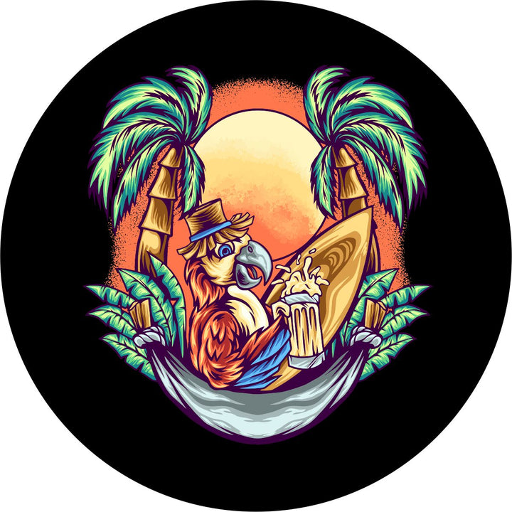 Spare tire cover of a parrot in a hammock drinking a beer, sitting next to his surfboard in between two palm trees at sunset at the beach.