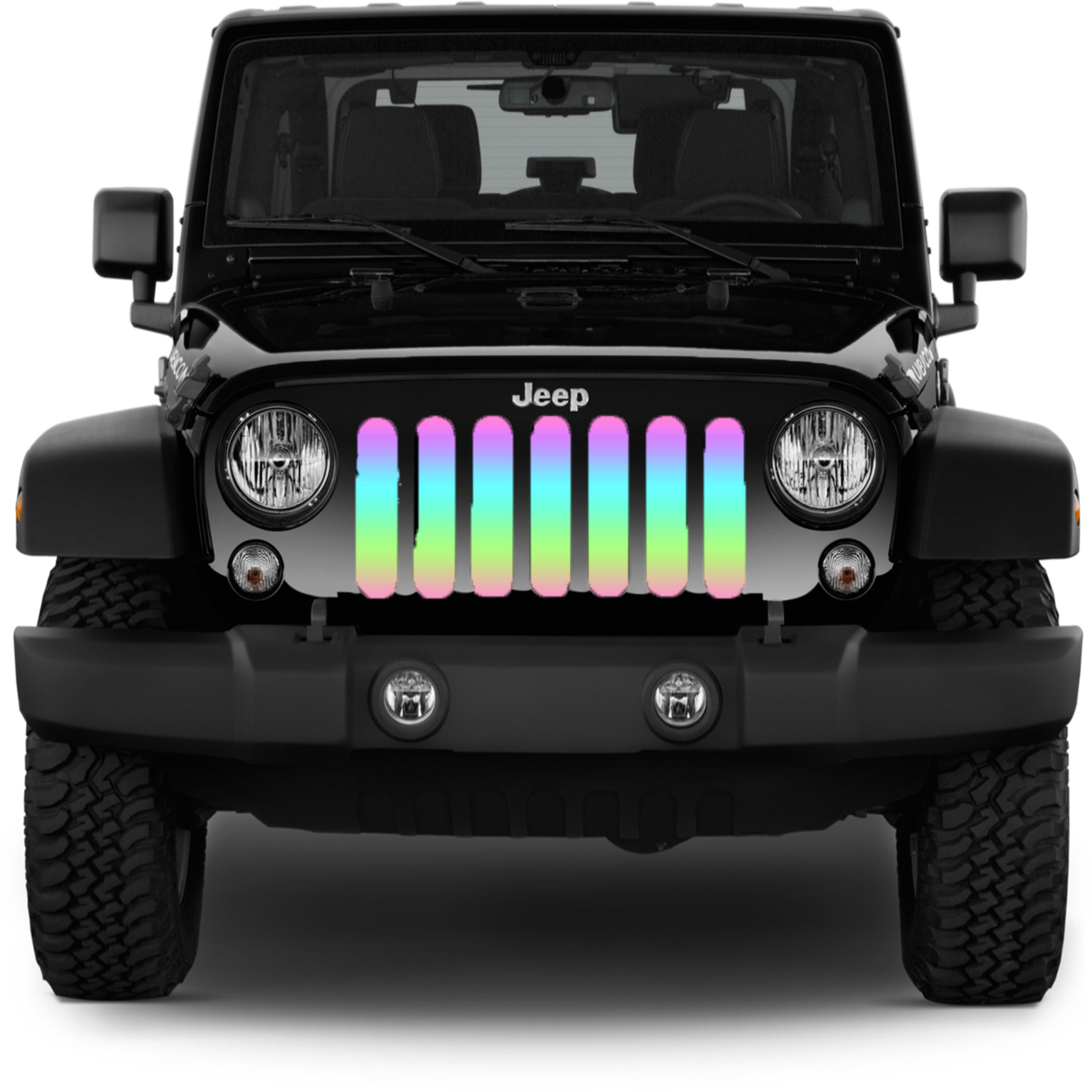 Bring a fun beautiful bright energy to the road with this pastel ombre rainbow multicolored grille insert for your Jeep. 