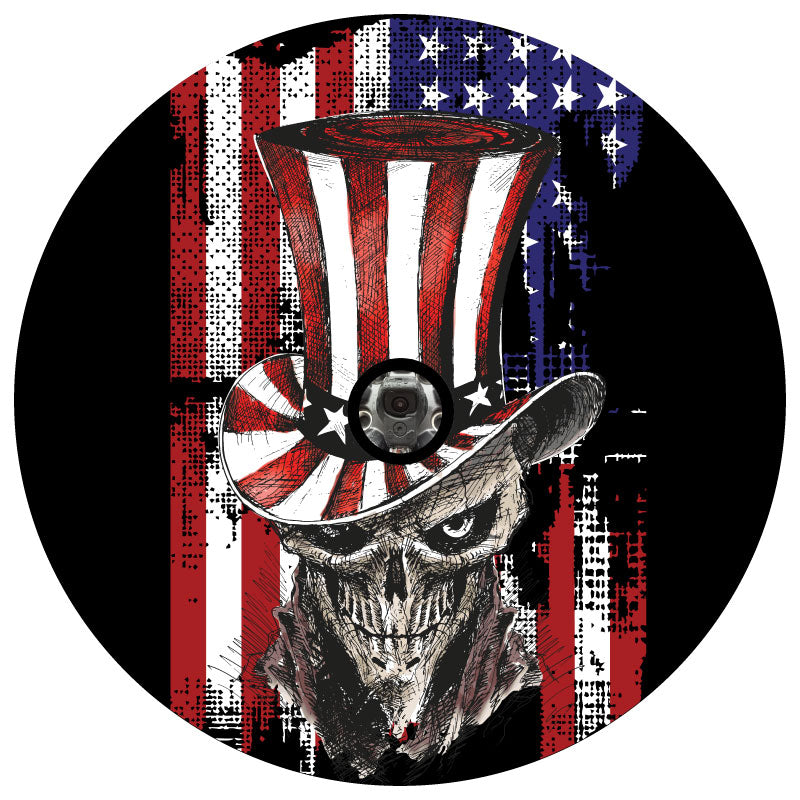 Red white and blue patriotic american flag skull sketched design spare tire cover for Jeep, Bronco, RV, camper, and more on black vinyl with back up camera design