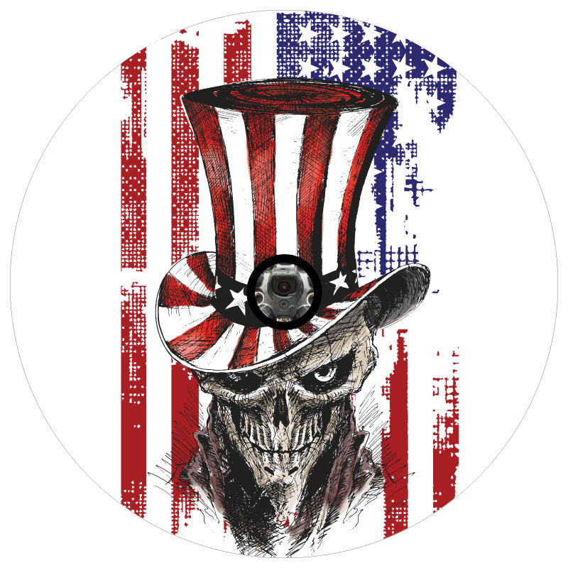 Red white and blue patriotic american flag skull sketched design spare tire cover for Jeep, Bronco, RV, camper, and more on white vinyl with back up camera design