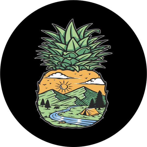 A bright and beautiful unique mountain scene inside a pineapple spare tire cover design