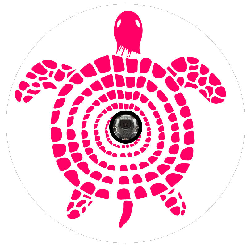 Sea turtle geometric designed Tuscadero pink spare tire cover graphic intended for a white vinyl and a back up camera