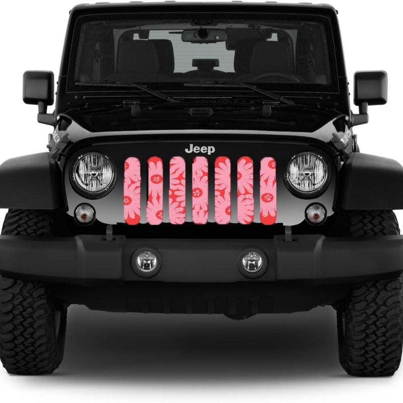 Jeep grille insert design of a bundle of cute pink flowers inserted on a black Jeep wrangler