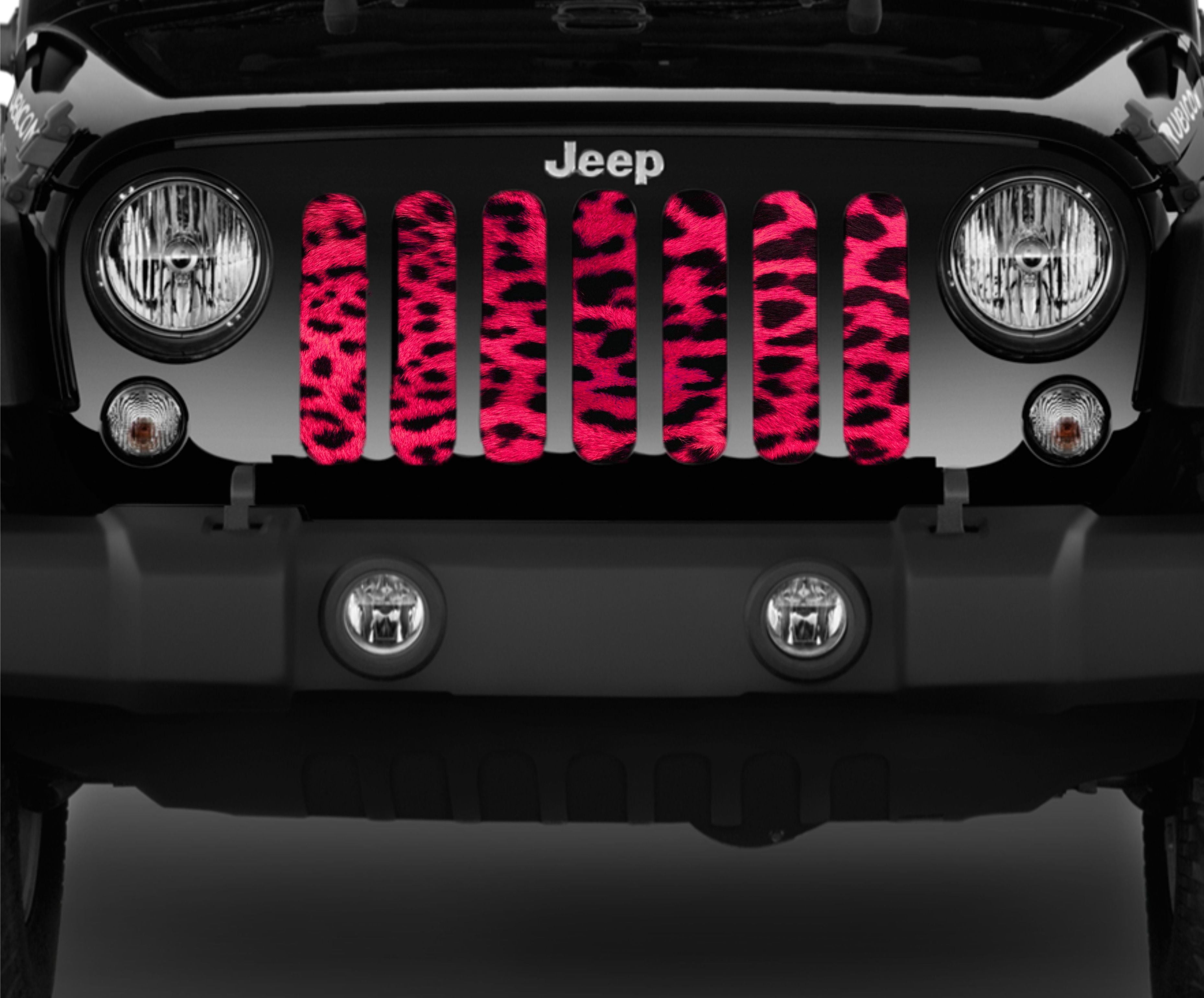 Close up view of a bright dark pink Leopard Cheetah Animal Print Mesh Grille Insert for Jeep