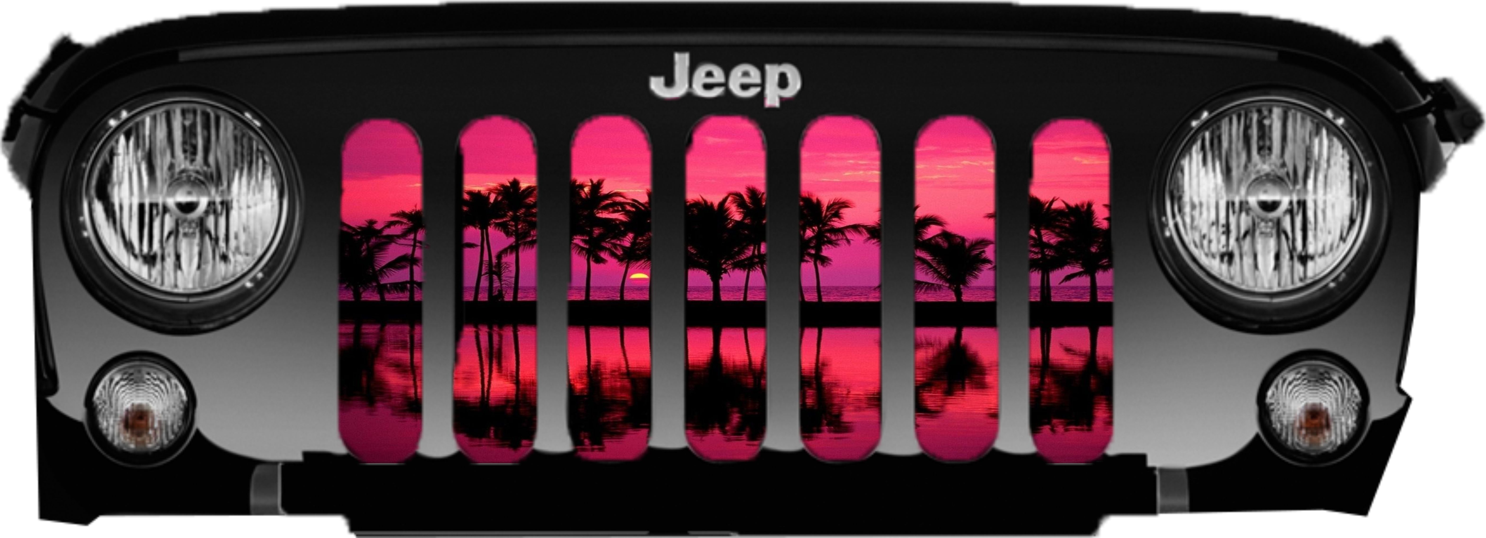 Close Up of Tropical Pink Sunset & Palm Trees Jeep Mesh Grille Insert