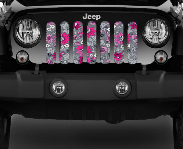 An Array of Pink and Grey Flowers Jeep Grille Insert Design