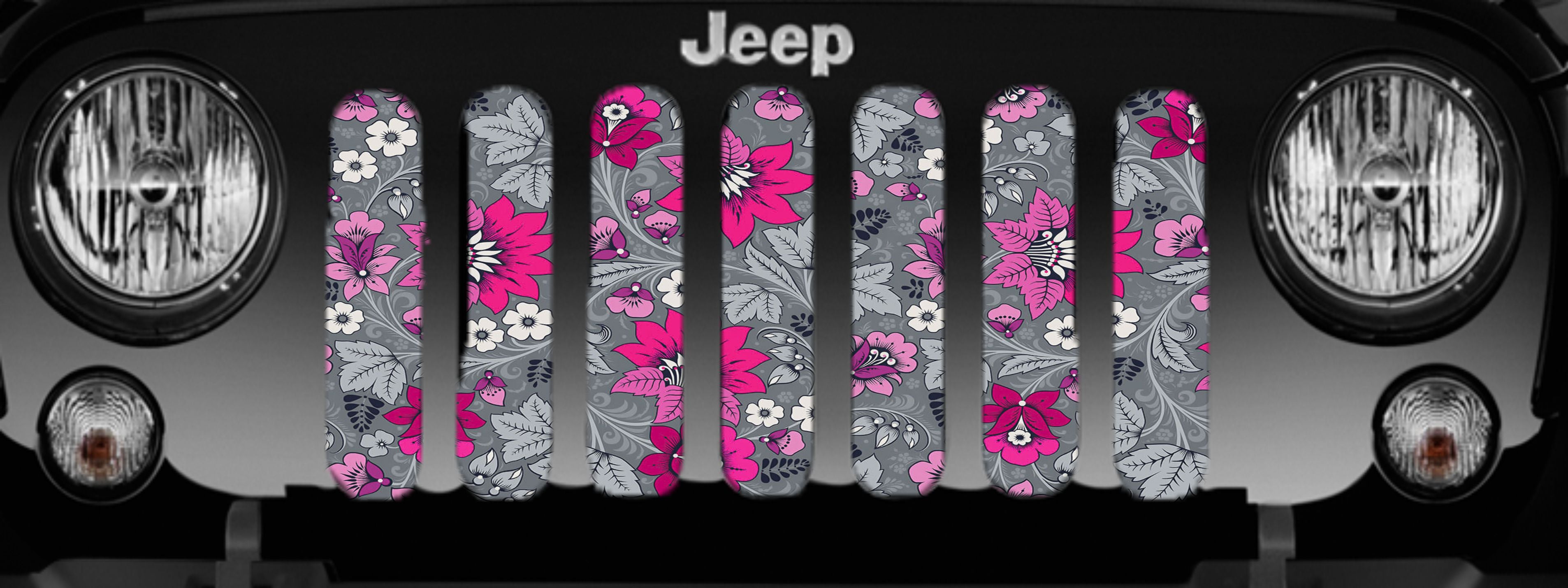 An Array of Pink and Grey Flowers Jeep Grille Insert Design