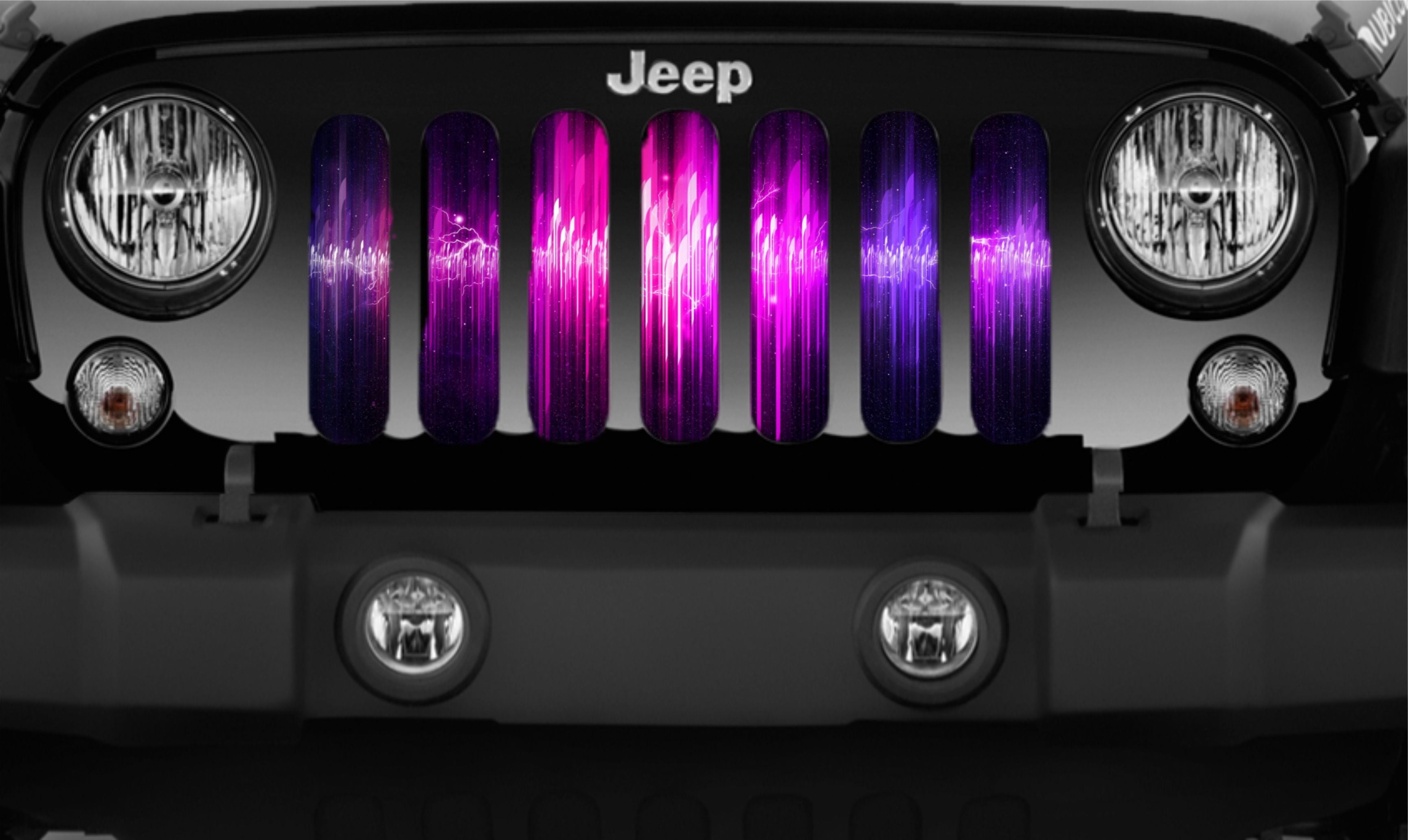 close up of Pink and Purple Electric Waves Grille Insert for Jeep 