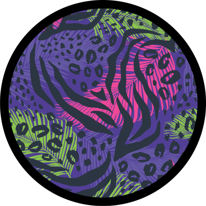 Purple, pink, and green neon colors make up this cheetah leopard and palm frond fun and funky spare tire cover design