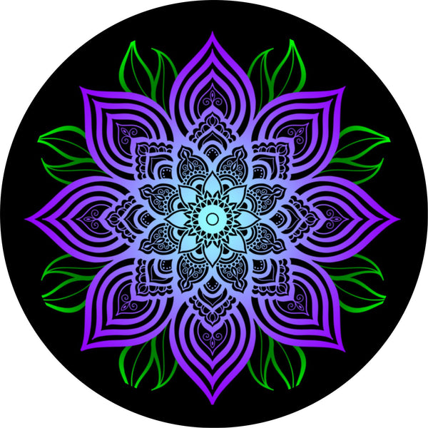 Purple Mandala Flower with Green Leaves Spare Tire Cover for any Vehicle, Make, Model and Size