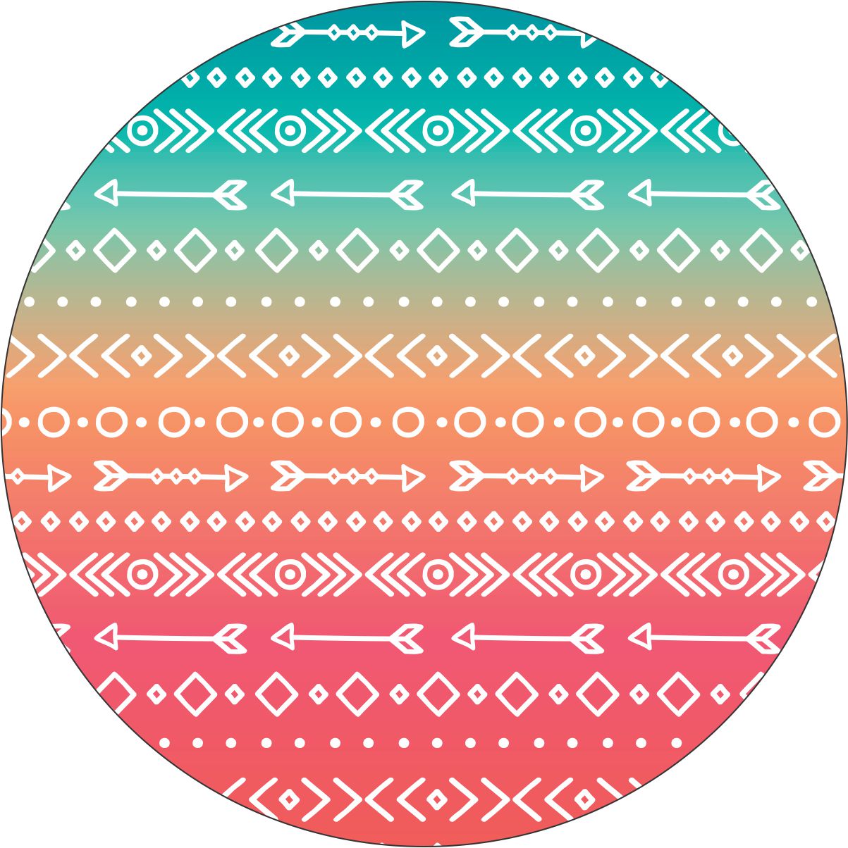 Turquoise, orange, and red ombre colored creative spare tire cover with arrow and Aztec or southwestern printed pattern.  Unique spare tire cover design for a wheel cover on a Bronco, Jeep, RV, camper, and more