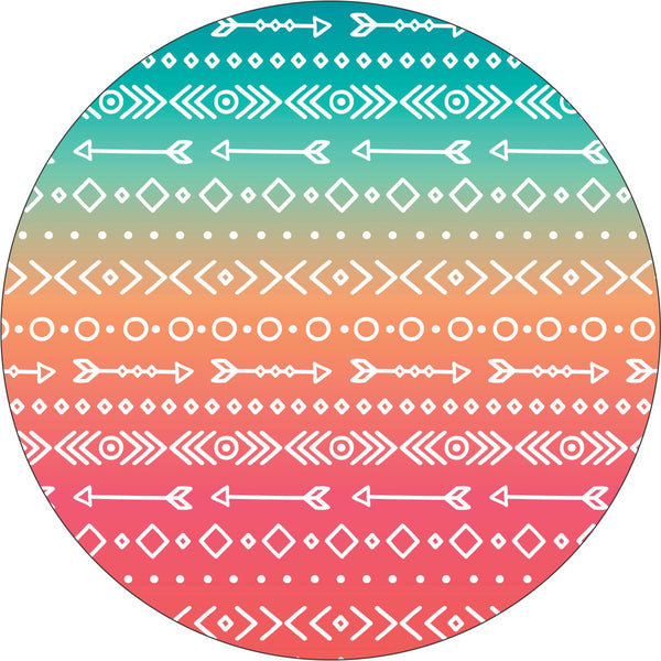 Turquoise, orange, and red ombre colored creative spare tire cover with arrow and Aztec or southwestern printed pattern.  Unique spare tire cover design for a wheel cover on a Bronco, Jeep, RV, camper, and more