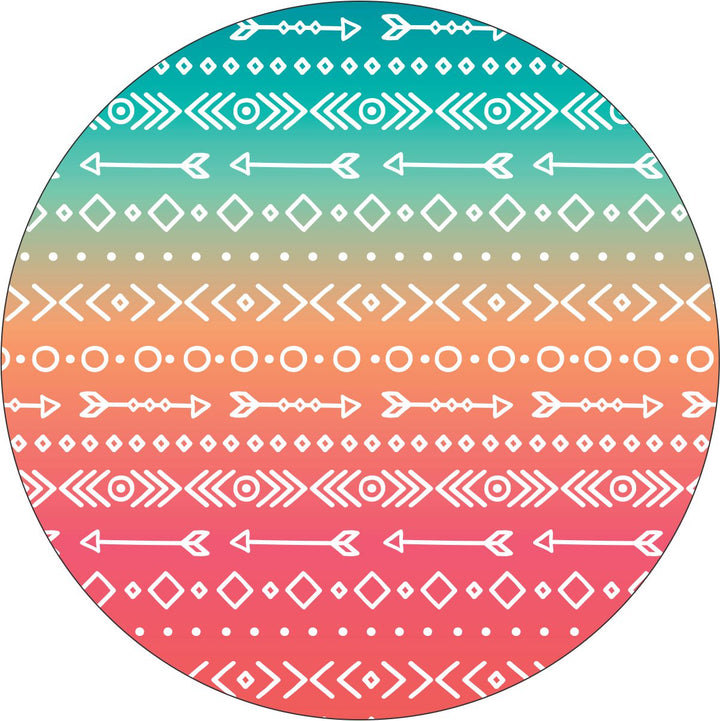 Turquoise, orange, and red ombre colored creative spare tire cover with arrow and Aztec or southwestern printed pattern.  Unique spare tire cover design for a wheel cover on a Bronco, Jeep, RV, camper, and more