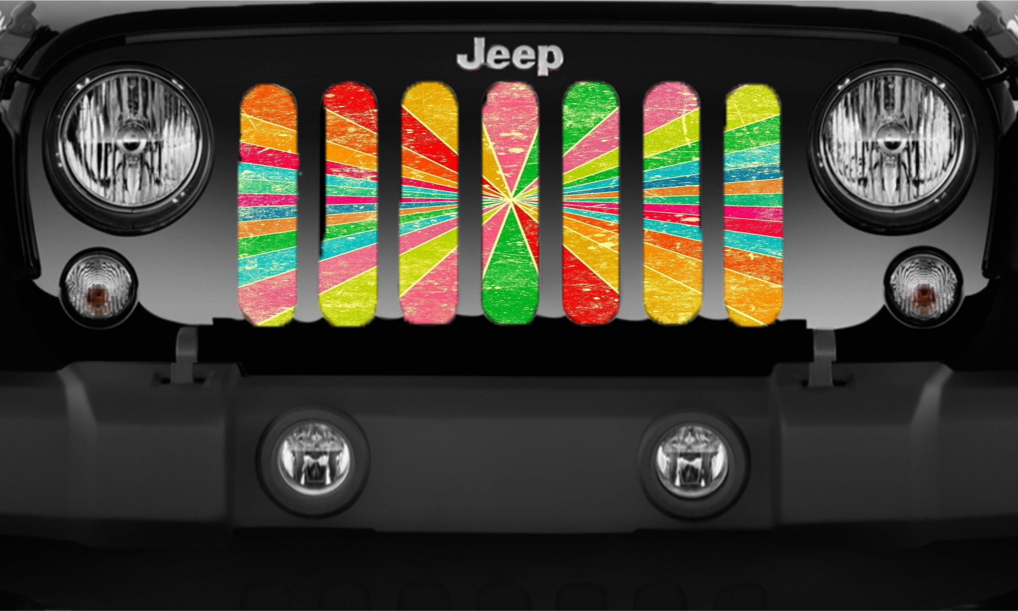 Close Up of Juicy Fruit Rainbow Burst Custom Grille Insert for Jeep