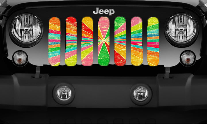 Close Up of Juicy Fruit Rainbow Burst Custom Grille Insert for Jeep