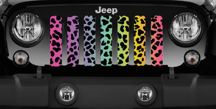 Close up view of the Pastel Rainbow Colored Leopard Cheetah Animal Print Jeep Grille Insert