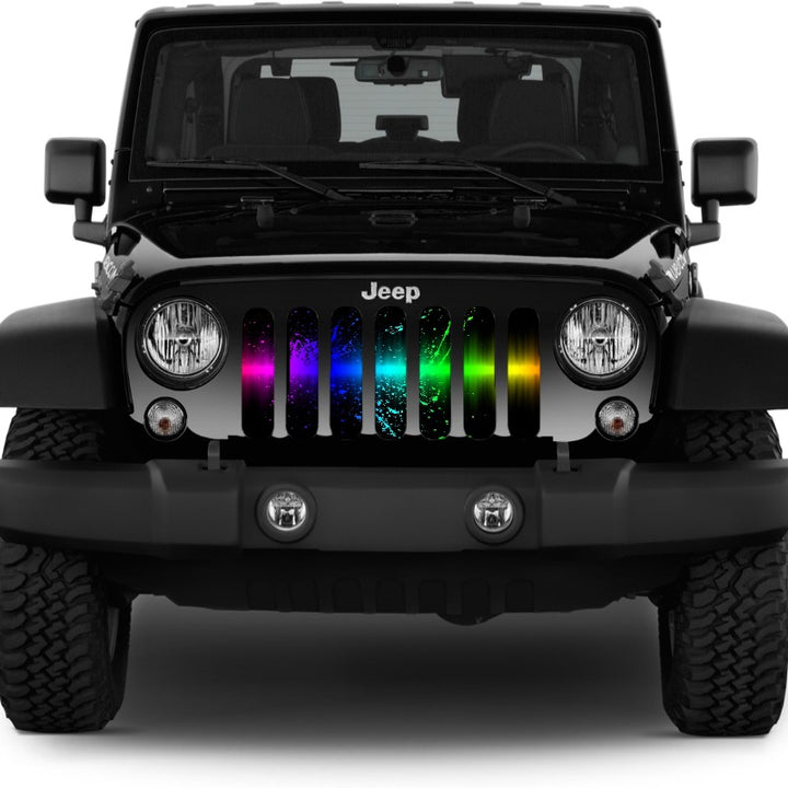 A rainbow splash of color on a black Jeep wrangler creative grille insert design