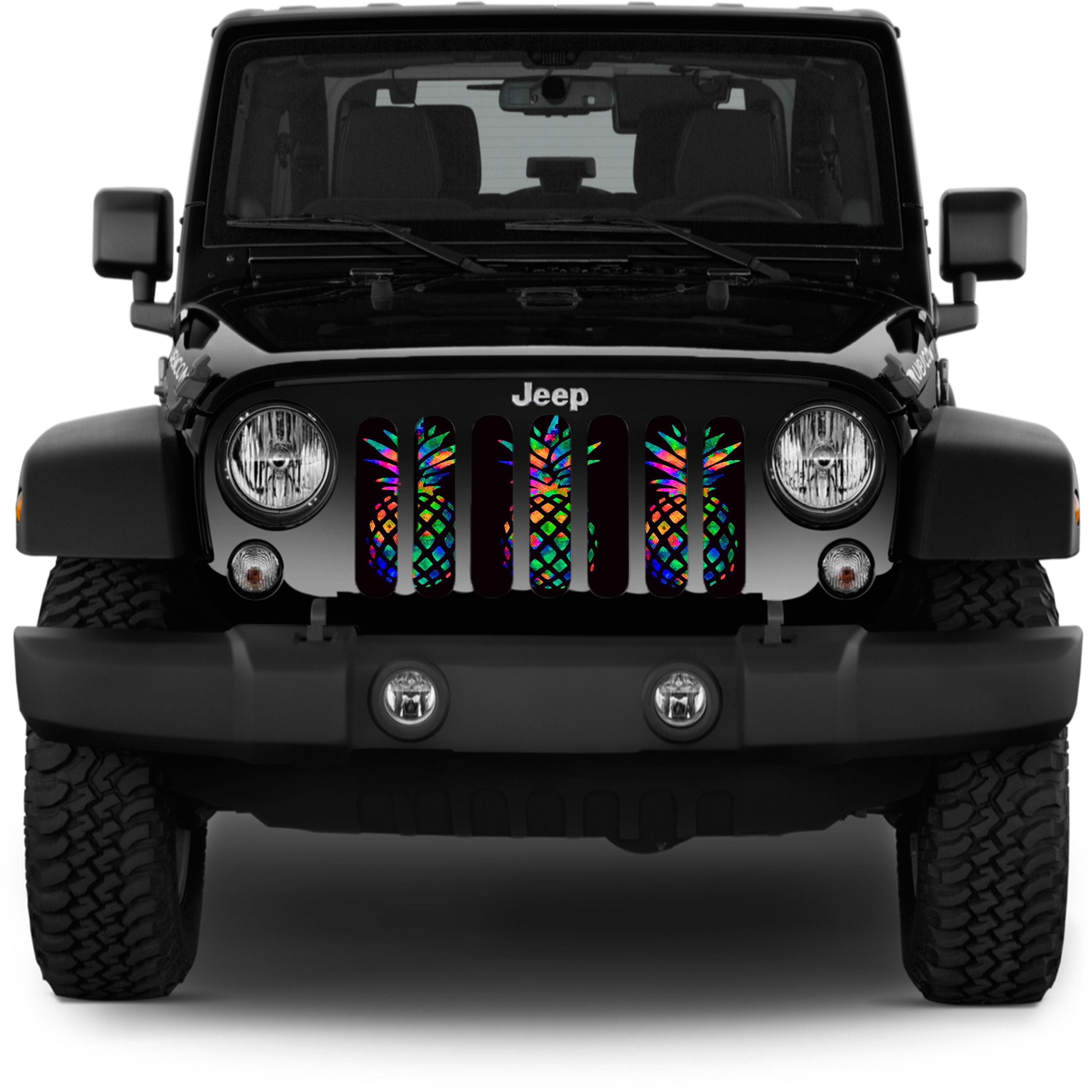 a black Jeep showcasing a fun fluorescent bright neon colored pineapple design grille insert for Jeep. 
