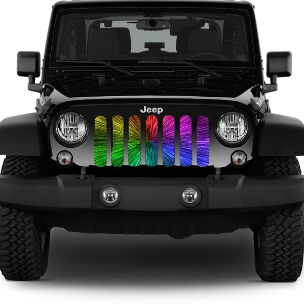 A black Jeep Wrangler displaying a Jeep grille insert with a burst of rainbow.