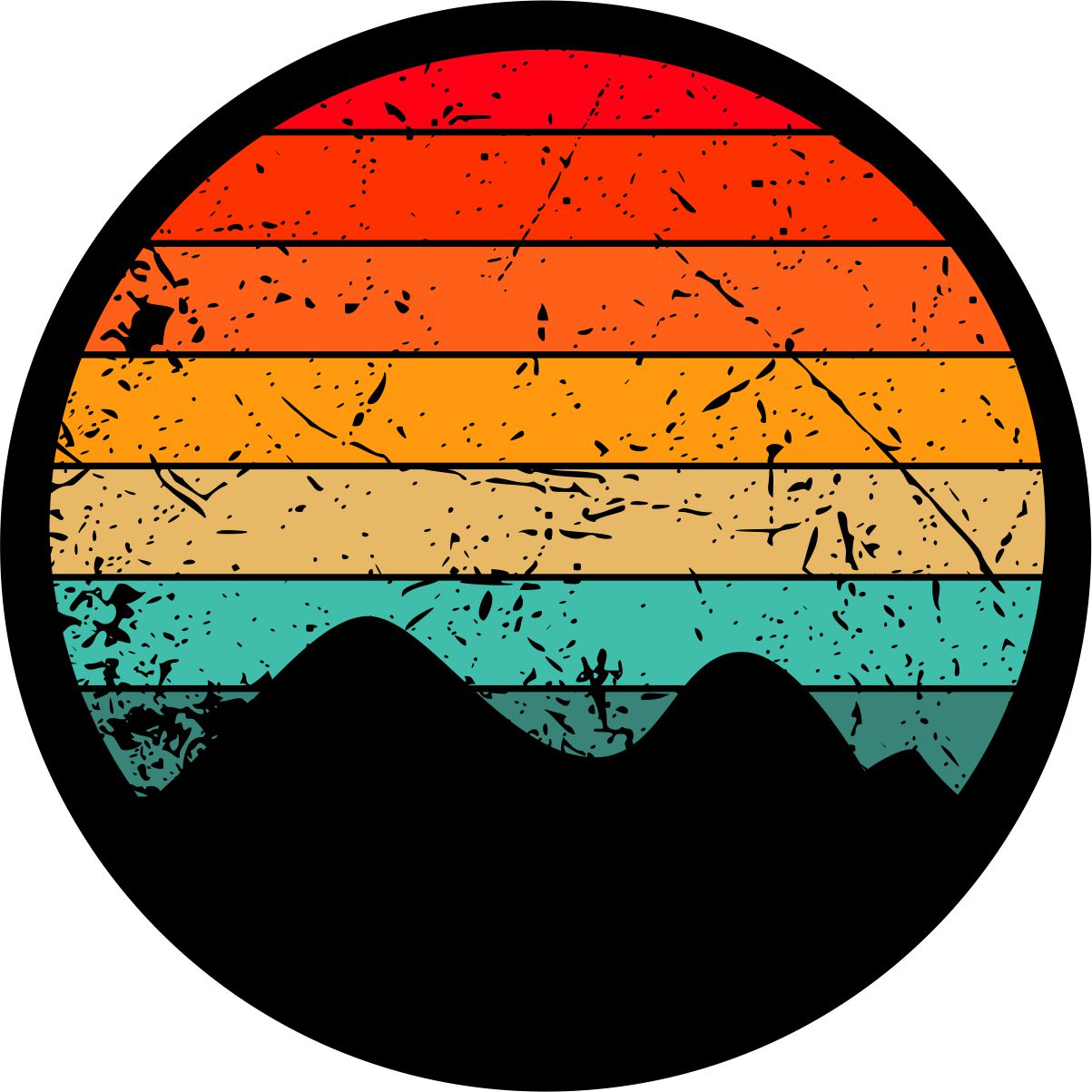 Red, orange, yellow, turquoise rustic stripes fill in the circle of this spare tire cover prototype design with the silhouette of mountains at the bottom.