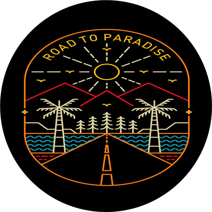 Thin lined designed gives the look of an embroidered spare tire cover design. Road to paradise tire cover with a scene of  road, trees, mountains, and the sun.