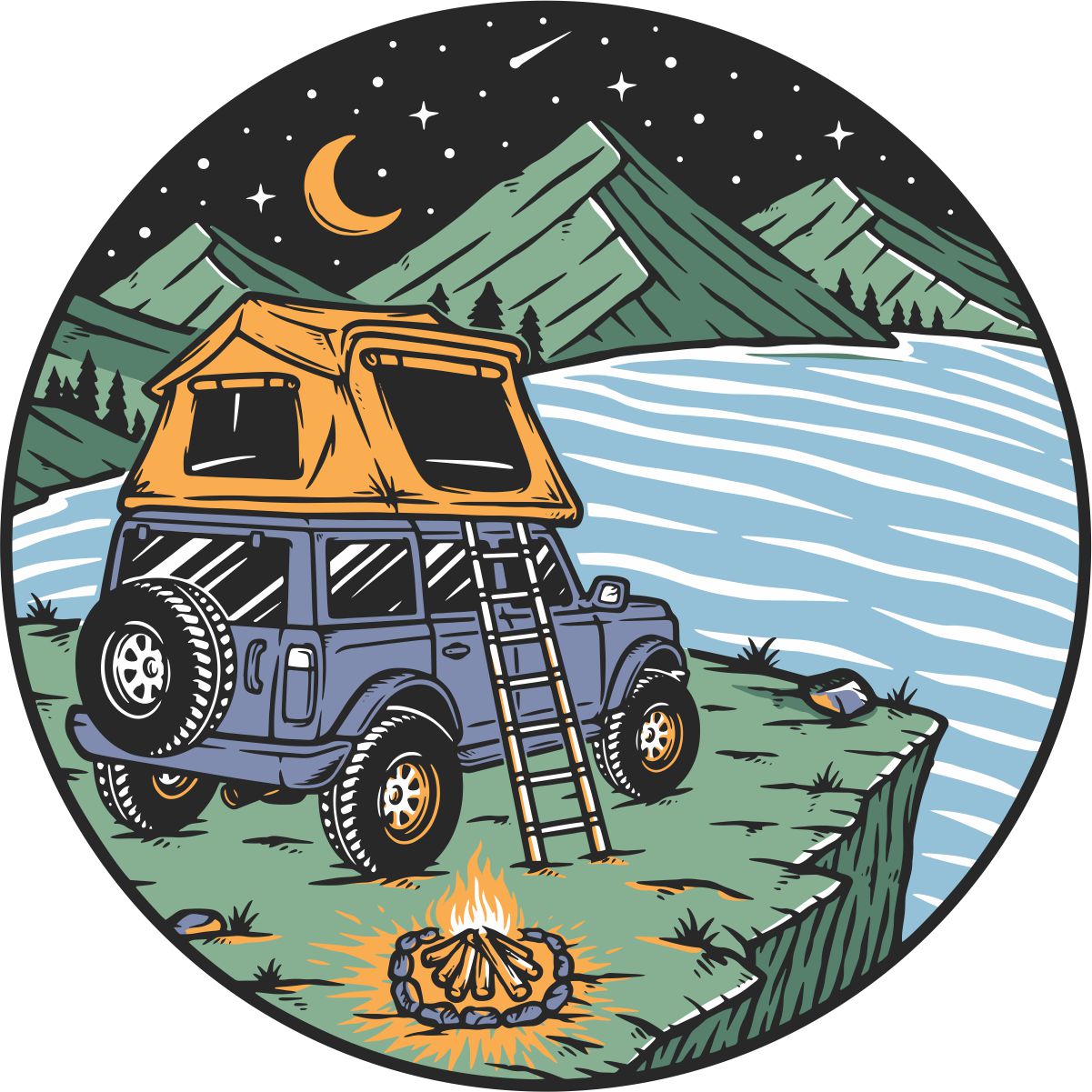 Camping spare tire cover. Campsite camping with your SUV and a rooftop tent on a mountain side overlooking the water under the night sky. Creative spare tire cover for camping enthusiasts.