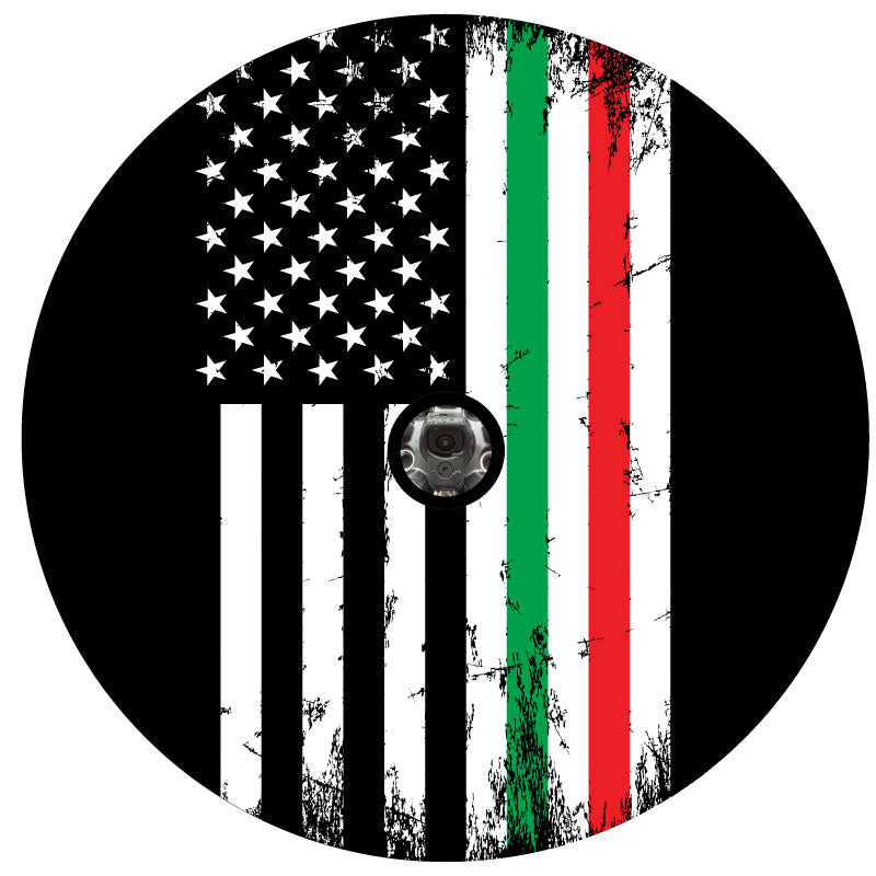 A rustic American flag, vertical in direction, in black and white, with a thin line of green and red in the middle to represent the Italian flag colors. Italian American pride custom spare tire cover for Jeep Wrangler, Ford Bronco, RV, Campers, Trailers, and more. Designed with a camera hole in the center to accommodate a back up camera