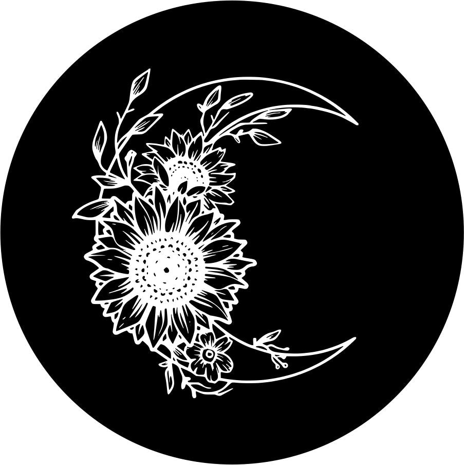 The crescent moon is decorated in beautiful blooms for a spare tire cover on any van, jeep, RV, camper or more