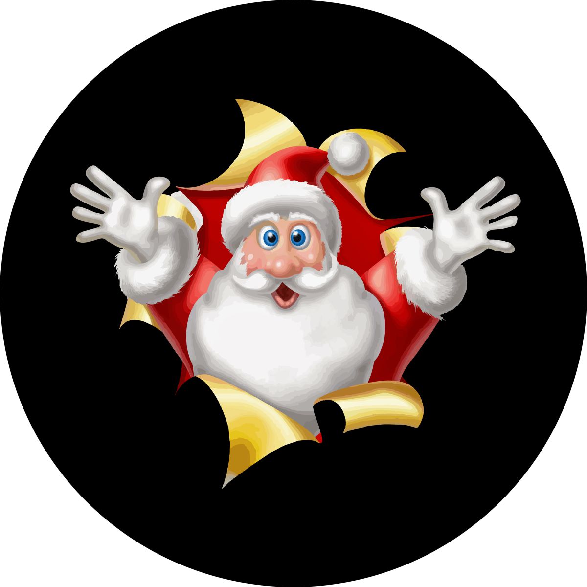 Black vinyl spare tire cover design for a Jeep, RV, camper, bronco spare tire or Santa Claus busting out of the center like a present.