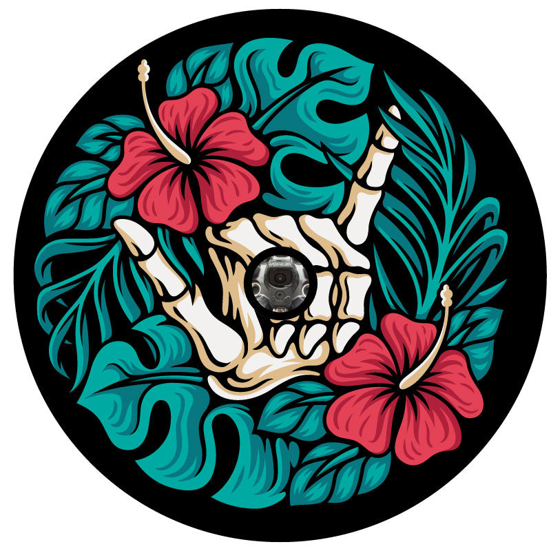 Shaka skeleton hand spare tire cover with hibiscus and palm leaves spare tire cover cover for black vinyl and back up camera
