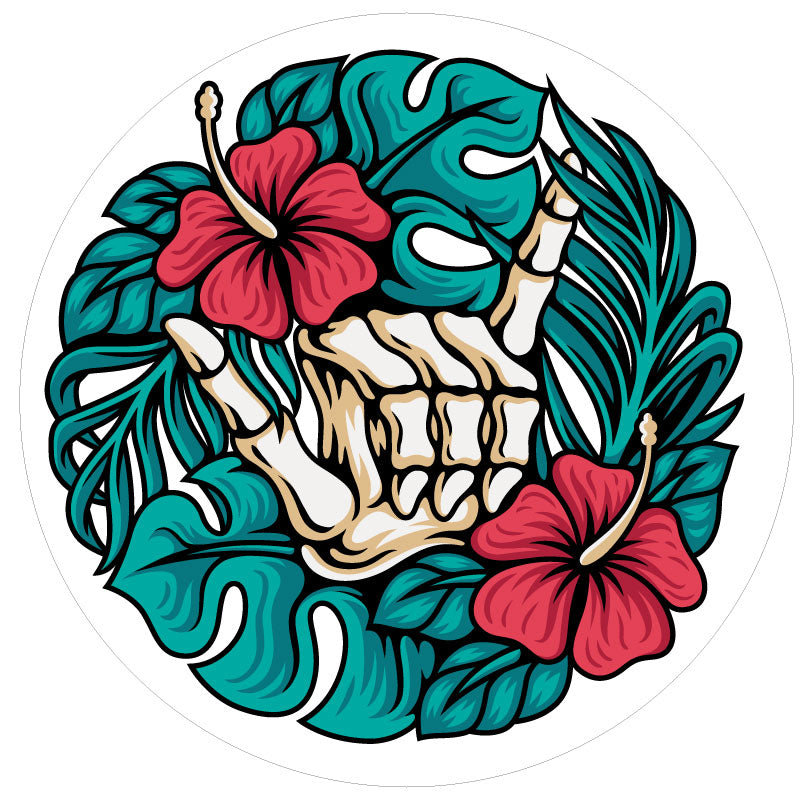 Shaka skeleton hand spare tire cover with hibiscus and palm leaves spare tire cover cover for white vinyl