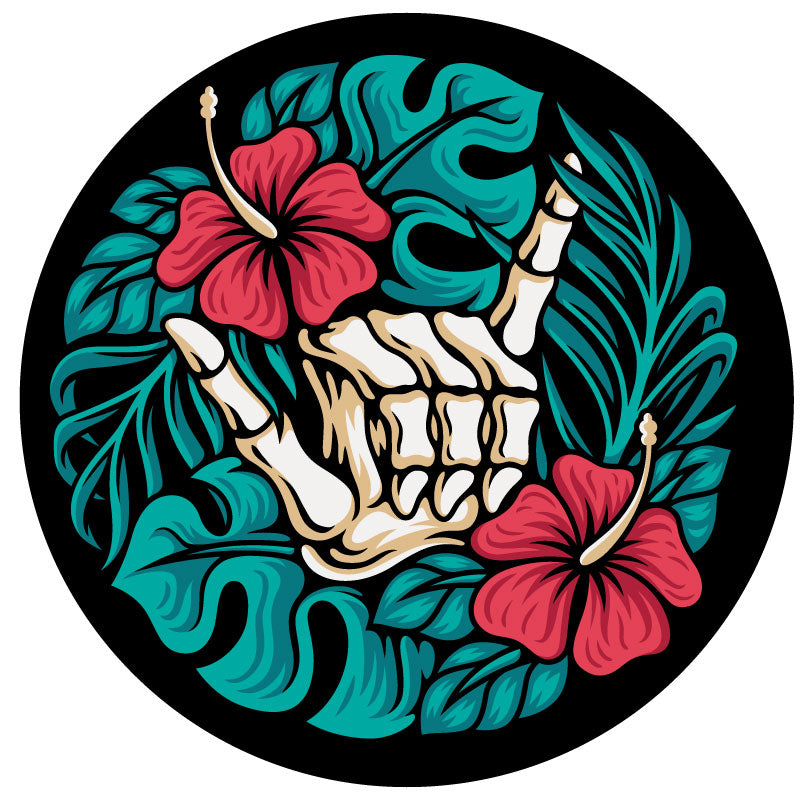 Shaka skeleton hand spare tire cover with hibiscus and palm leaves spare tire cover cover