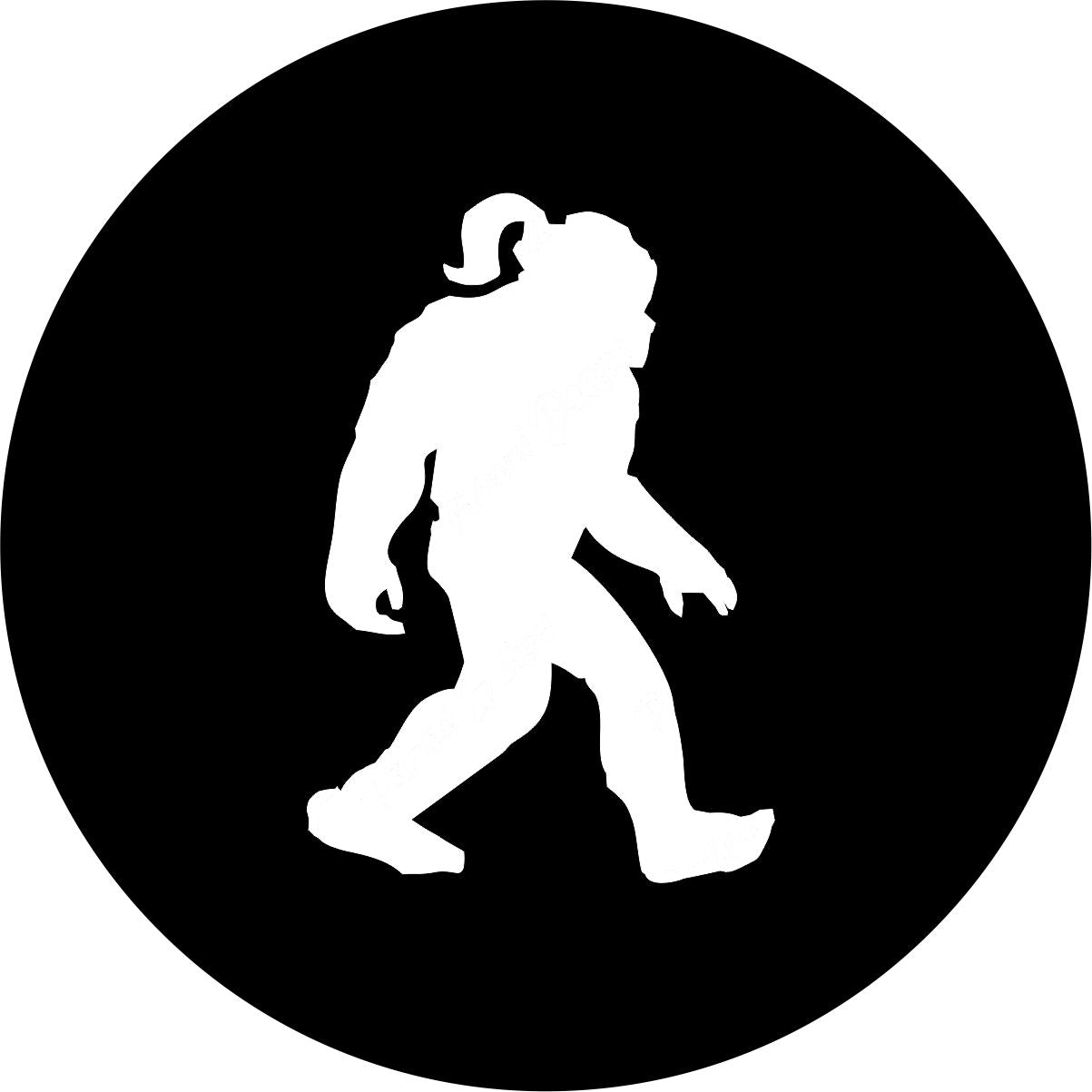 Black vinyl spare tire cover with a silhouette of a bigfoot shesquatch walking across the center.
