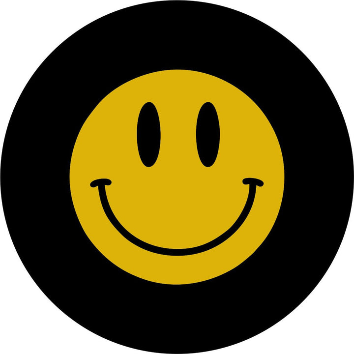 Black vinyl spare tire cover with a basic yellow smiley face