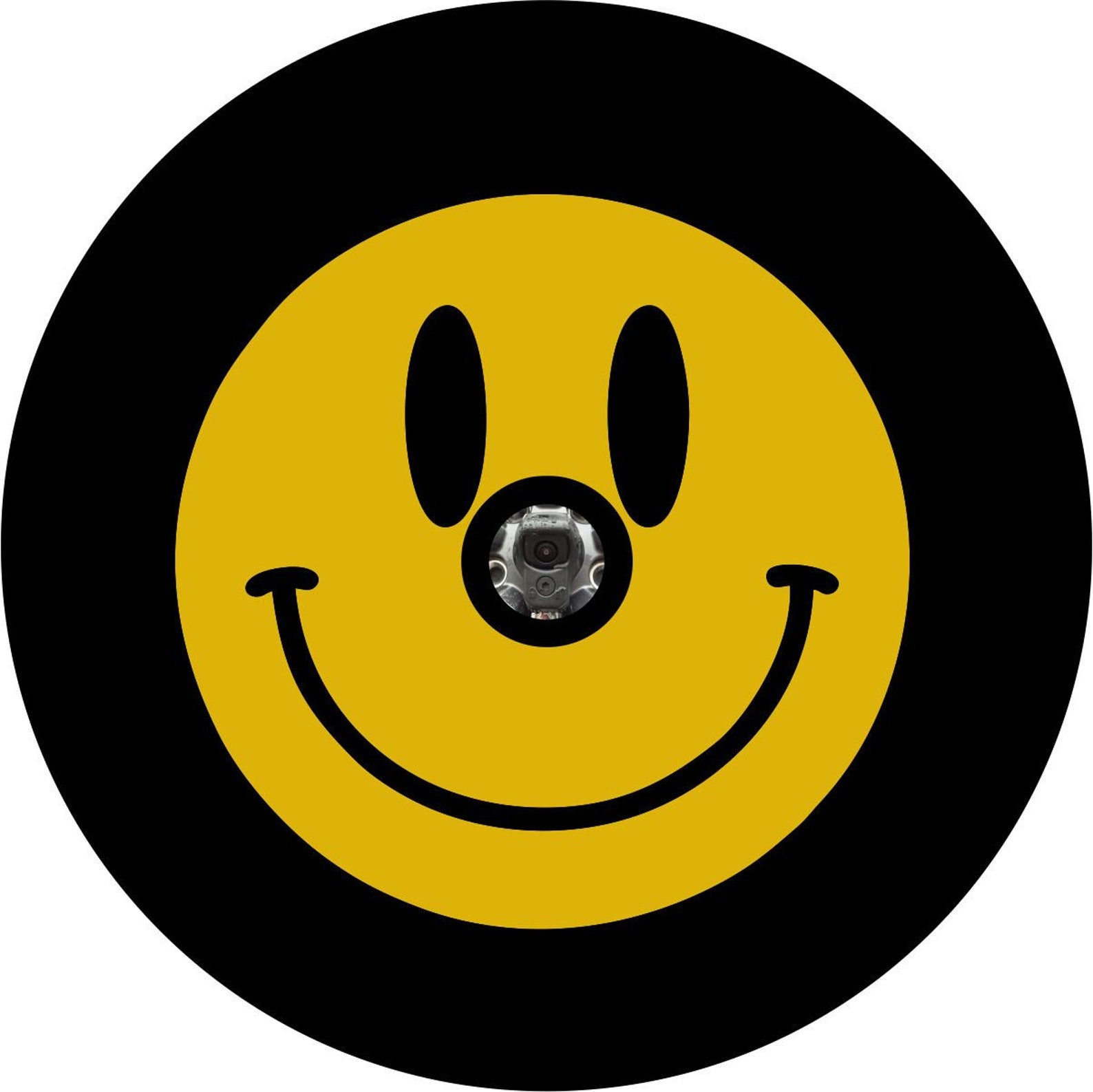 Black vinyl spare tire cover with a basic yellow smiley face and a back up camera design.