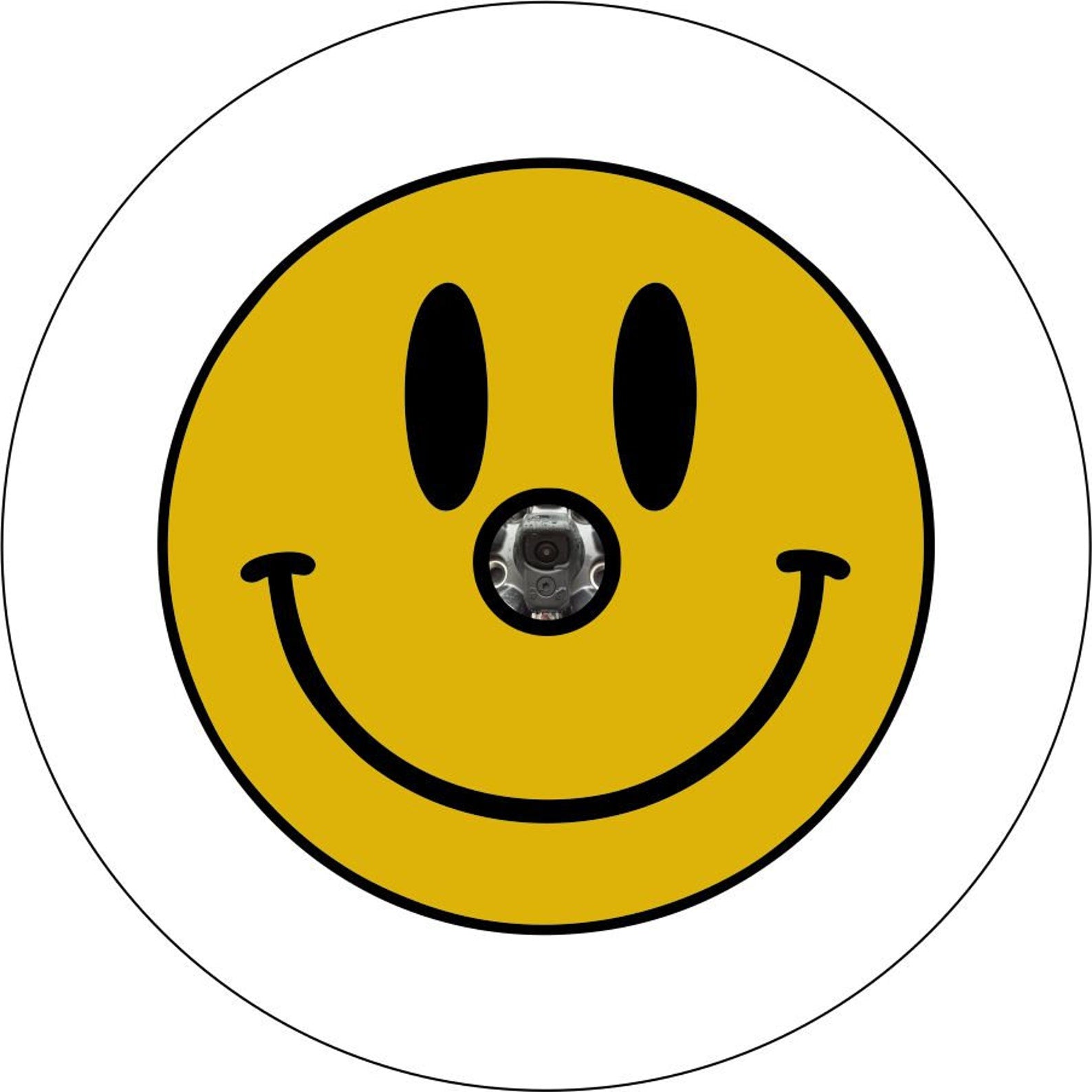 White vinyl spare tire cover with a basic yellow smiley face and a back up camera design.