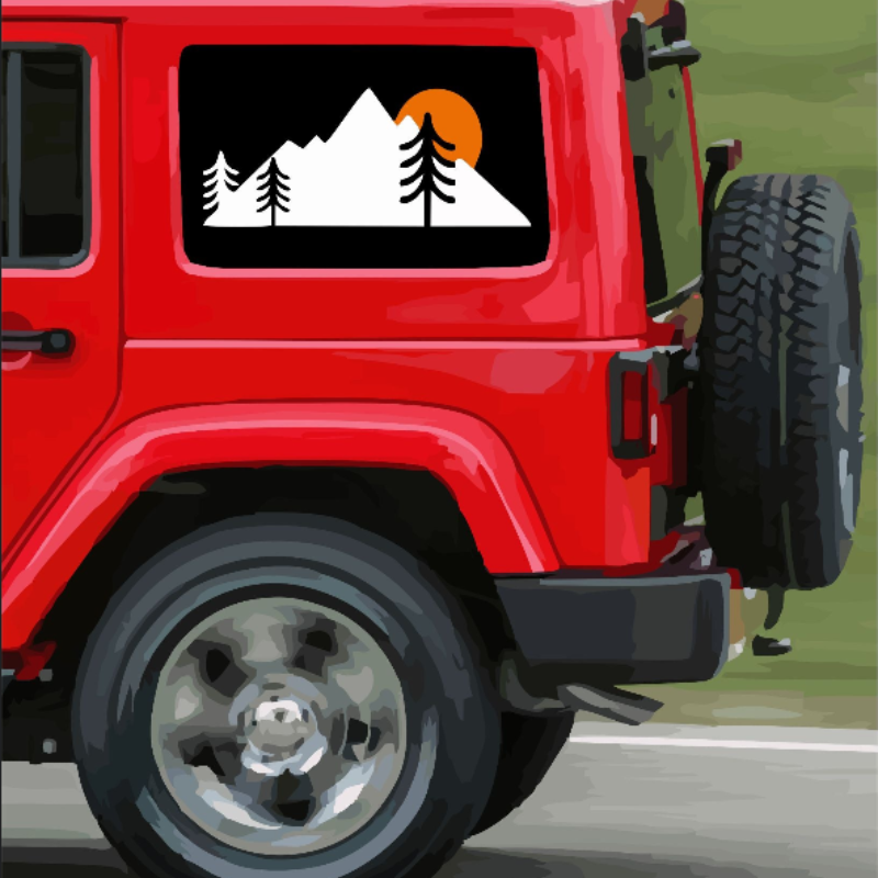 Back side of a red 4-door hard top Jeep Wrangler displaying back window vinyl window decals of a mountain silhouette with trees and the sunset. 