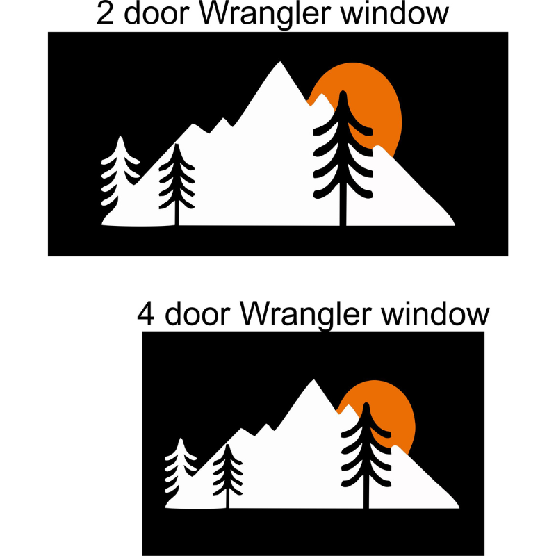 Two mountain designs showing the dimensions of a perforated window decal accessory for a 2-door and a 4-door hard top Jeep Wrangler back windows.