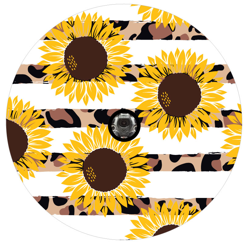 White stripes with leopard or cheetah print stripes in the background and sunflowers in the foreground spare tire cover for Jeep, RV, Bronco, and more with JL back up camera accommodations