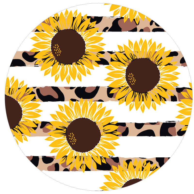 White stripes with leopard or cheetah print stripes in the background and sunflowers in the foreground spare tire cover for Jeep, RV, Bronco, and more
