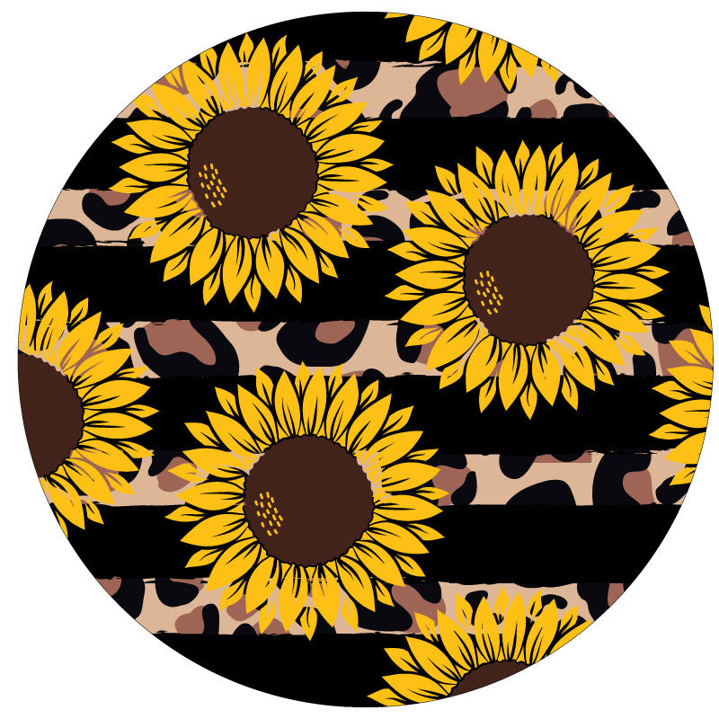 Black stripes with leopard or cheetah print stripes in the background and sunflowers in the foreground spare tire cover for Jeep, RV, Bronco, and more
