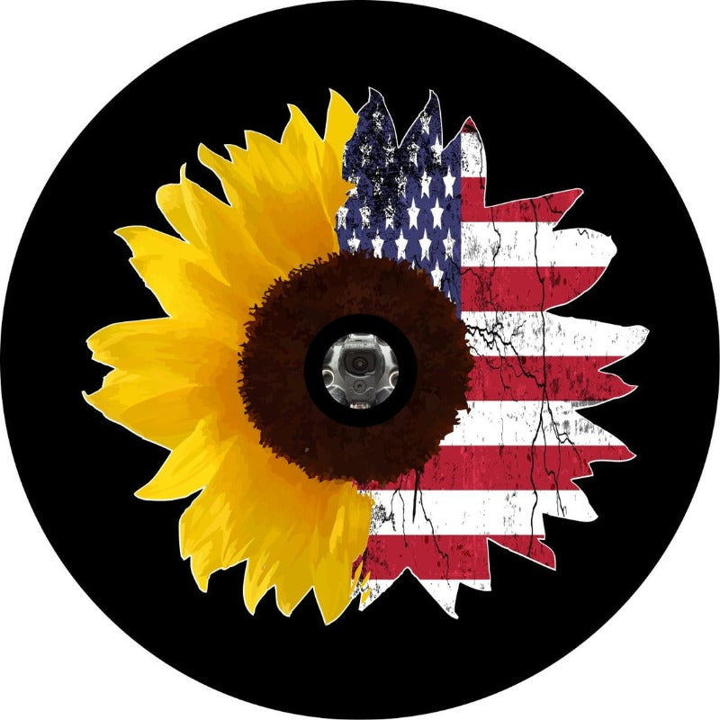 Sunflower colored half and half with it's original sunflower color and the other half is a rustic american flag print. Half sunflower half american flag spare tire cover for Jeep, Bronco, RV, camper, van, and more made with a JL back up camera design