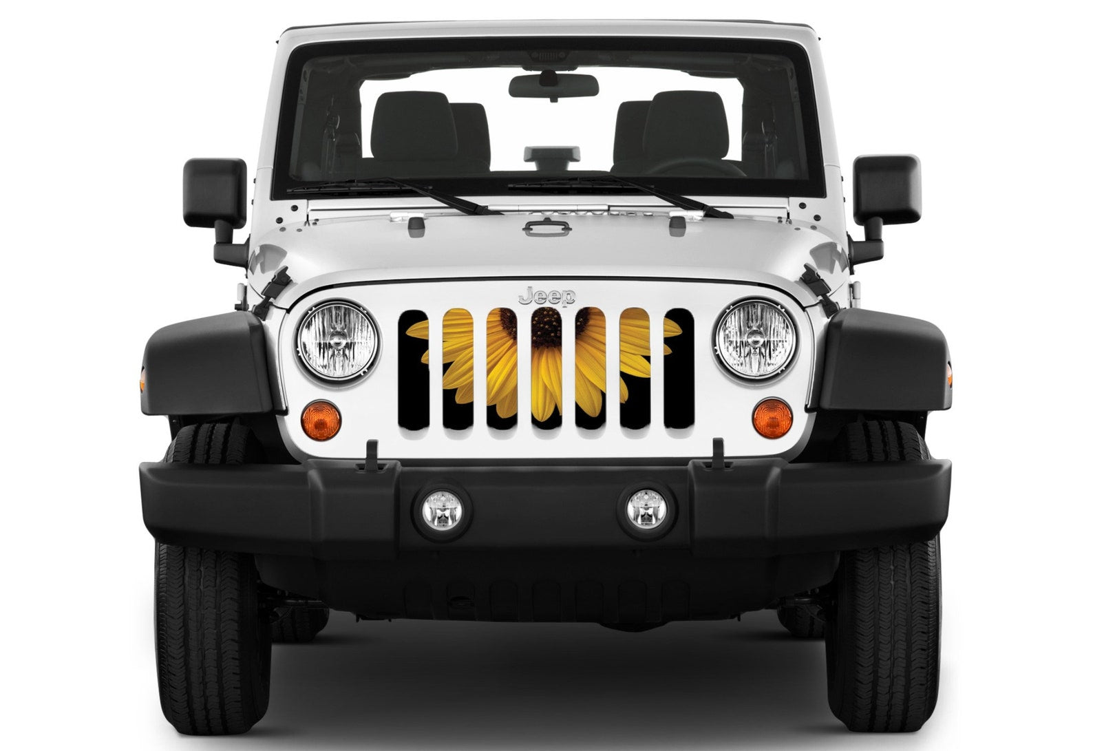 Half of a Sunflower design being showcased on a white Jeep Wrangler