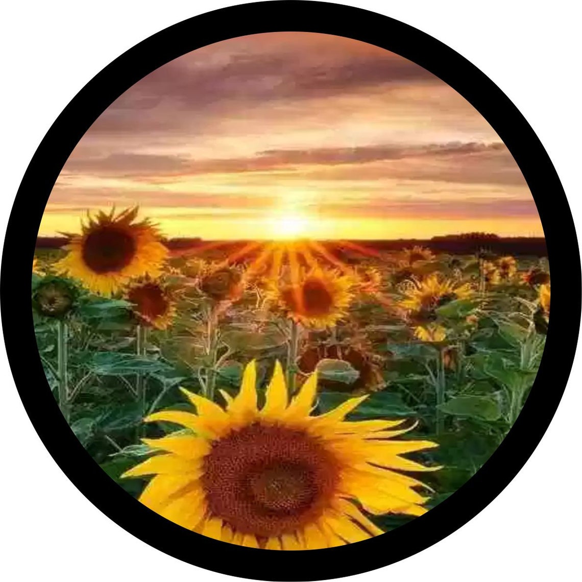Painted Portrait Print at Sunset - Field of Sunflowers Spare Tire Cover