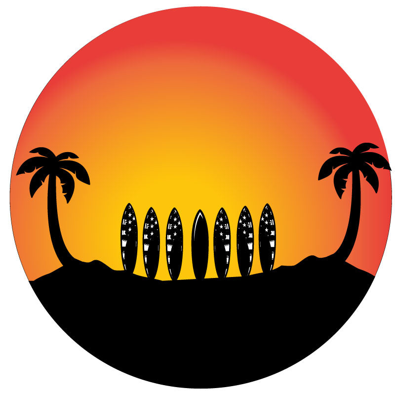 7 surfboards lined up on the beach with rustic American flag designs on them, underneath two palm trees, one on each side of the spare tire cover design. Jeep grille surfboard line up design with sunset fiery colors.