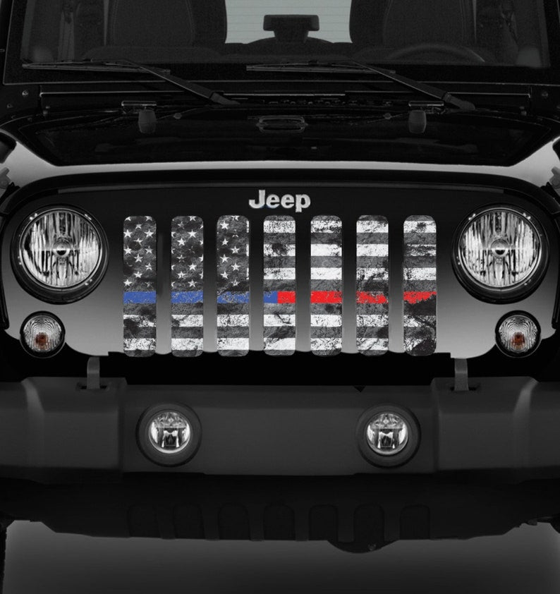 Tactical Back the Blue and Red American Flag Jeep Grille Insert